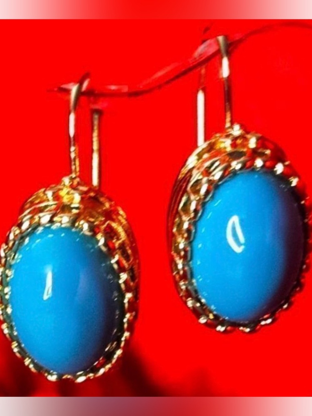 Gold-Tone Turquoise Blue Oval Drop Earrings
